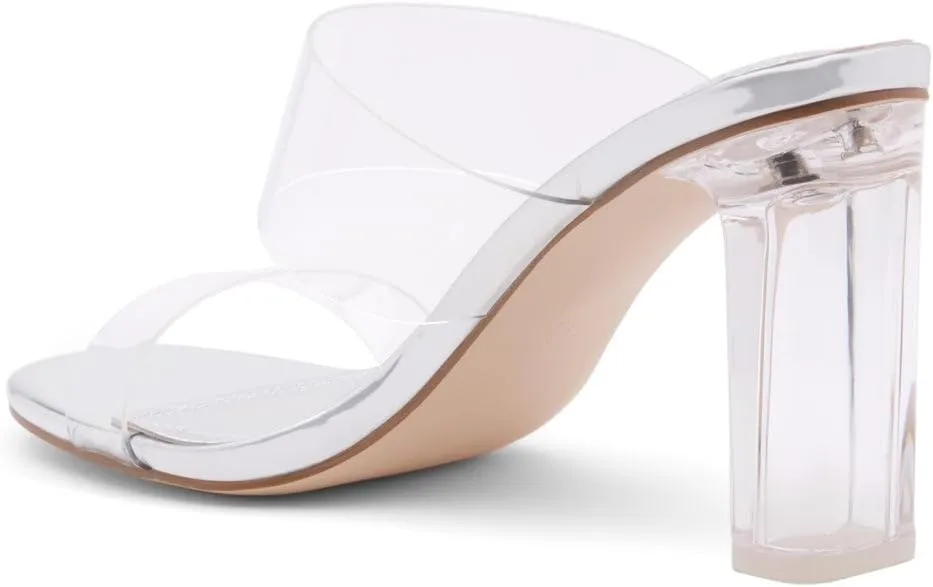 Shoe Land Brienna Women's Clear Heels Chunky Block Heeled Slides Open Toe Two Band Slip-On Mules  Dressy Heeled Sandals for Prom, Wedding, and Party