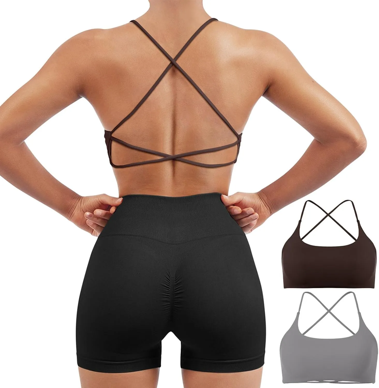 SUUKSESS Women 2 Piece Open Back Sports Bra Pack Strappy Workout Gym Yoga Crops