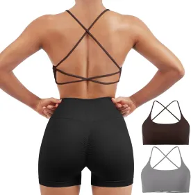 SUUKSESS Women 2 Piece Open Back Sports Bra Pack Strappy Workout Gym Yoga Crops