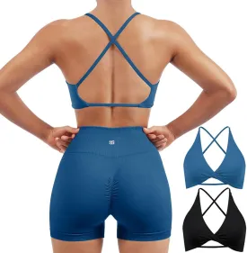SUUKSESS Women 2 Piece Open Back Strappy Sports Bra Pack Twist V Neck Workout Crops