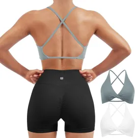 SUUKSESS Women 2 Piece Open Back Strappy Sports Bra Pack Twist V Neck Workout Crops