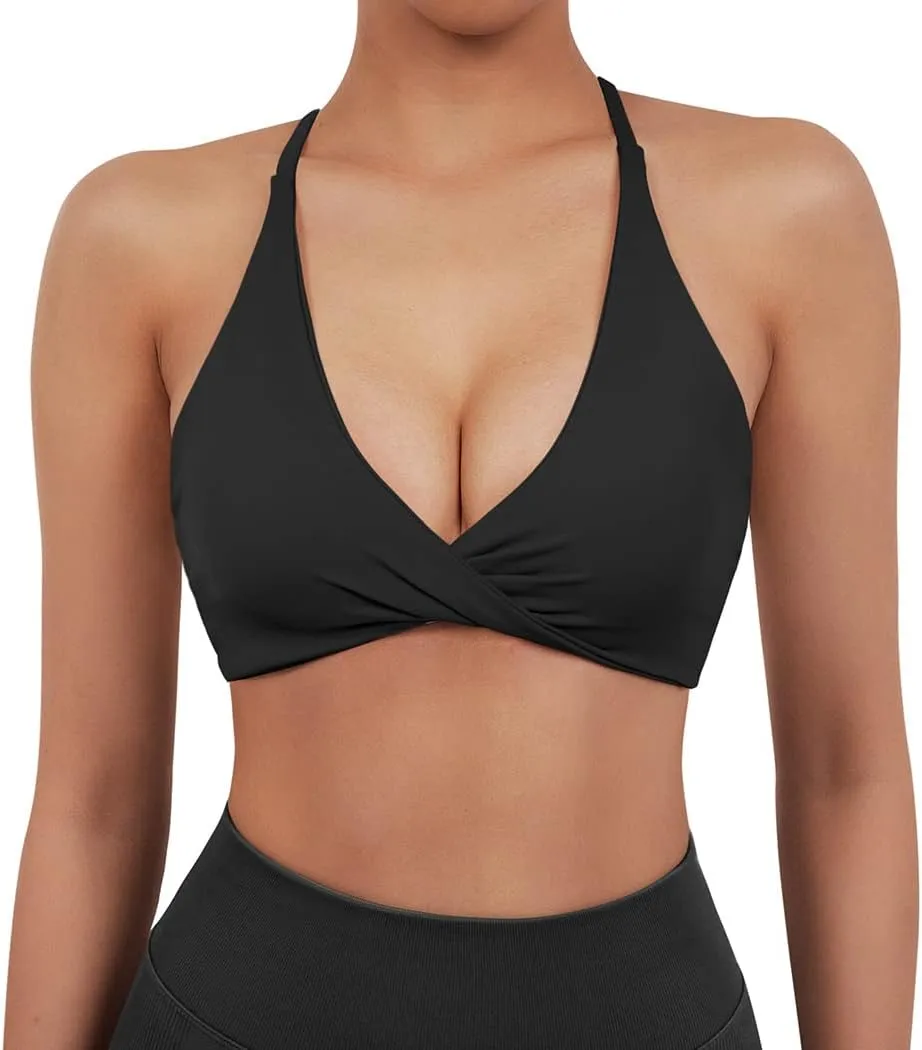 SUUKSESS Women 2 Piece Open Back Strappy Sports Bra Pack Twist V Neck Workout Crops