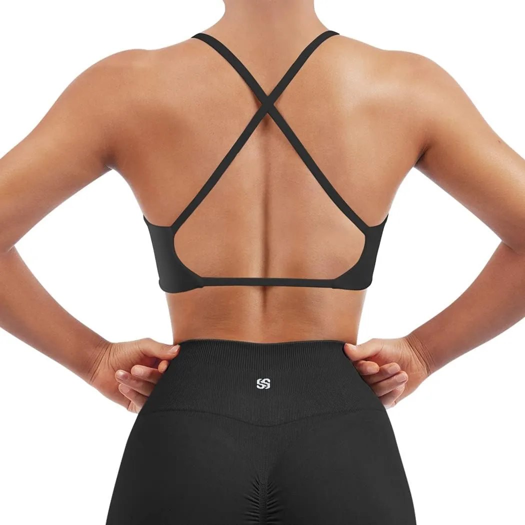 SUUKSESS Women 2 Piece Open Back Strappy Sports Bra Pack Twist V Neck Workout Crops