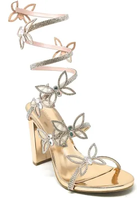 Wild Diva Women's Morris-581 Rhinestone Butterfly Detail Spiral Coil Wrap Around Chunk Heel