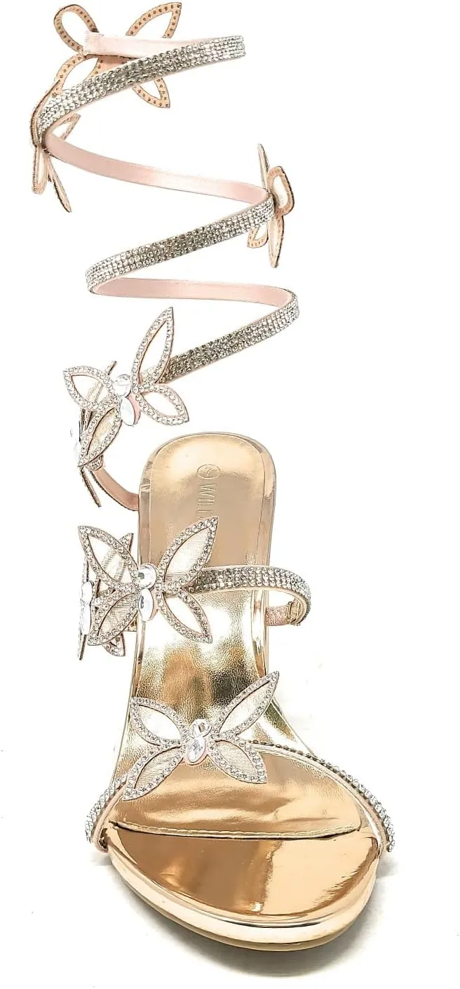 Wild Diva Women's Morris-581 Rhinestone Butterfly Detail Spiral Coil Wrap Around Chunk Heel