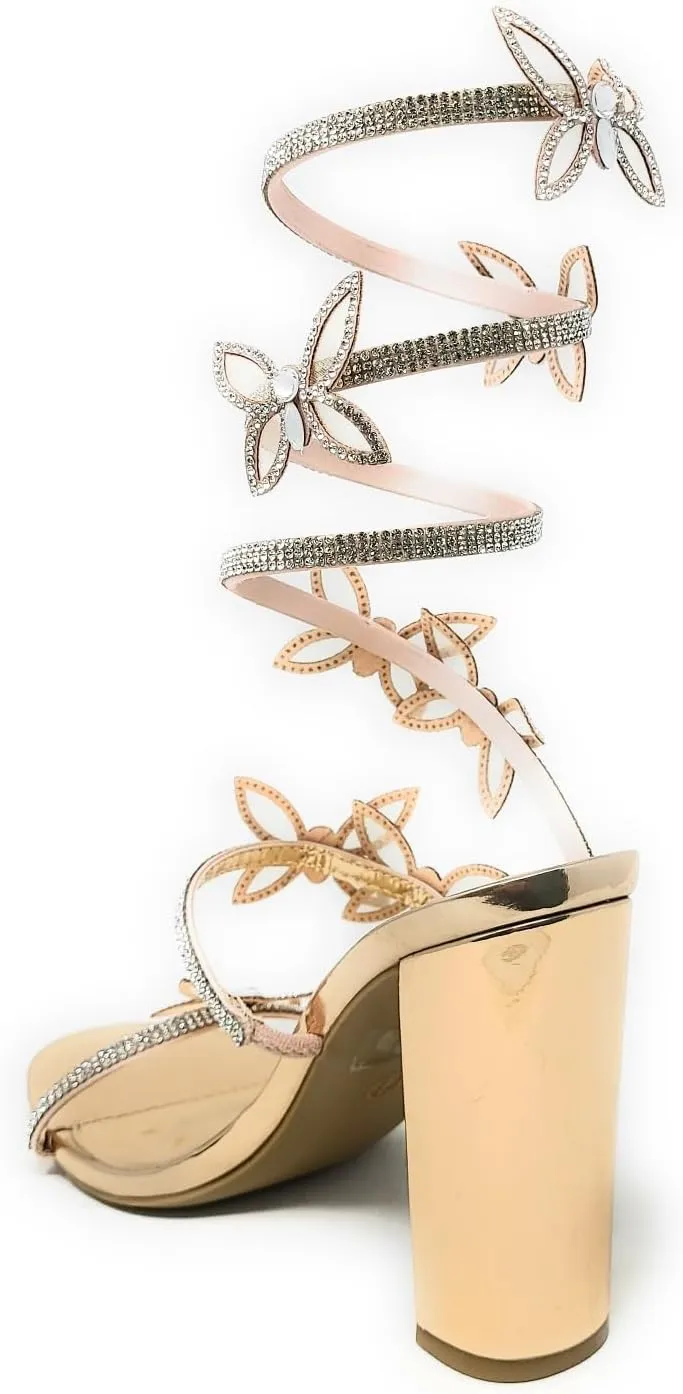 Wild Diva Women's Morris-581 Rhinestone Butterfly Detail Spiral Coil Wrap Around Chunk Heel