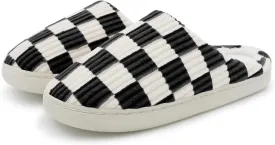 Women Home Fuzzy Slippers - Memory Foam Checkered Plaid Scuff Non-Slip Indoor Outdoor Comfortable Casual Soft Slides
