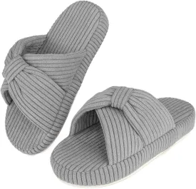 Women's Comfy Memory Foam Corduroy Bow Slip-On Open Toe Bedroom Slides Home Slippers Indoor/Outdoor