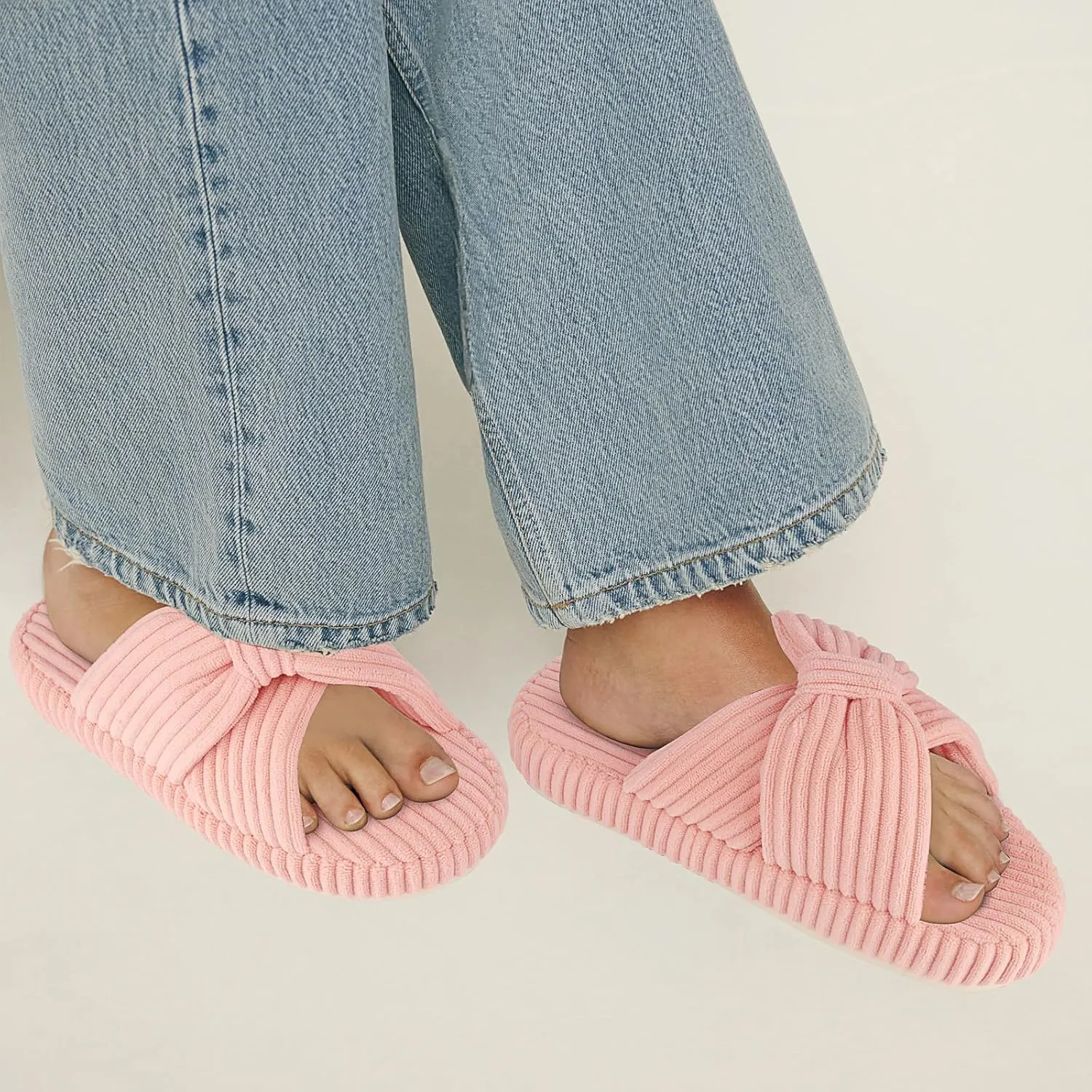 Women's Comfy Memory Foam Corduroy Bow Slip-On Open Toe Bedroom Slides Home Slippers Indoor/Outdoor