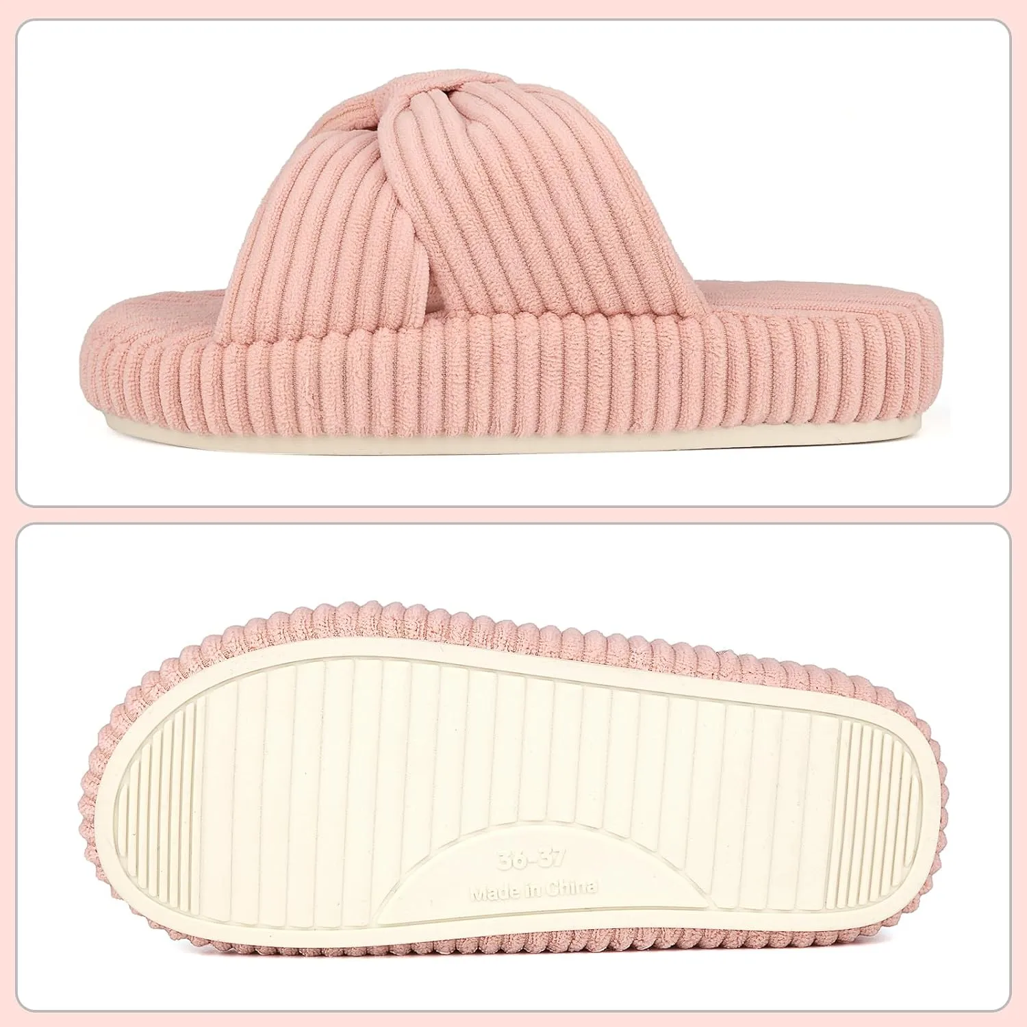 Women's Comfy Memory Foam Corduroy Bow Slip-On Open Toe Bedroom Slides Home Slippers Indoor/Outdoor