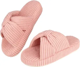 Women's Comfy Memory Foam Corduroy Bow Slip-On Open Toe Bedroom Slides Home Slippers Indoor/Outdoor
