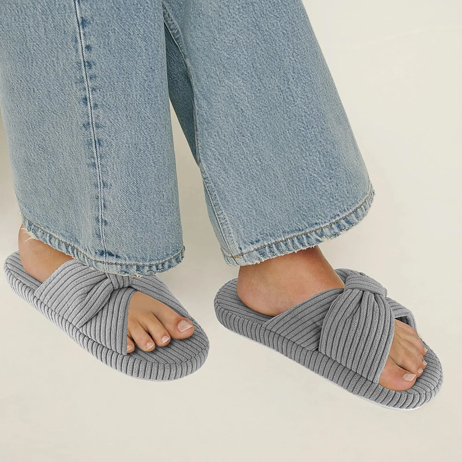 Women's Comfy Memory Foam Corduroy Bow Slip-On Open Toe Bedroom Slides Home Slippers Indoor/Outdoor