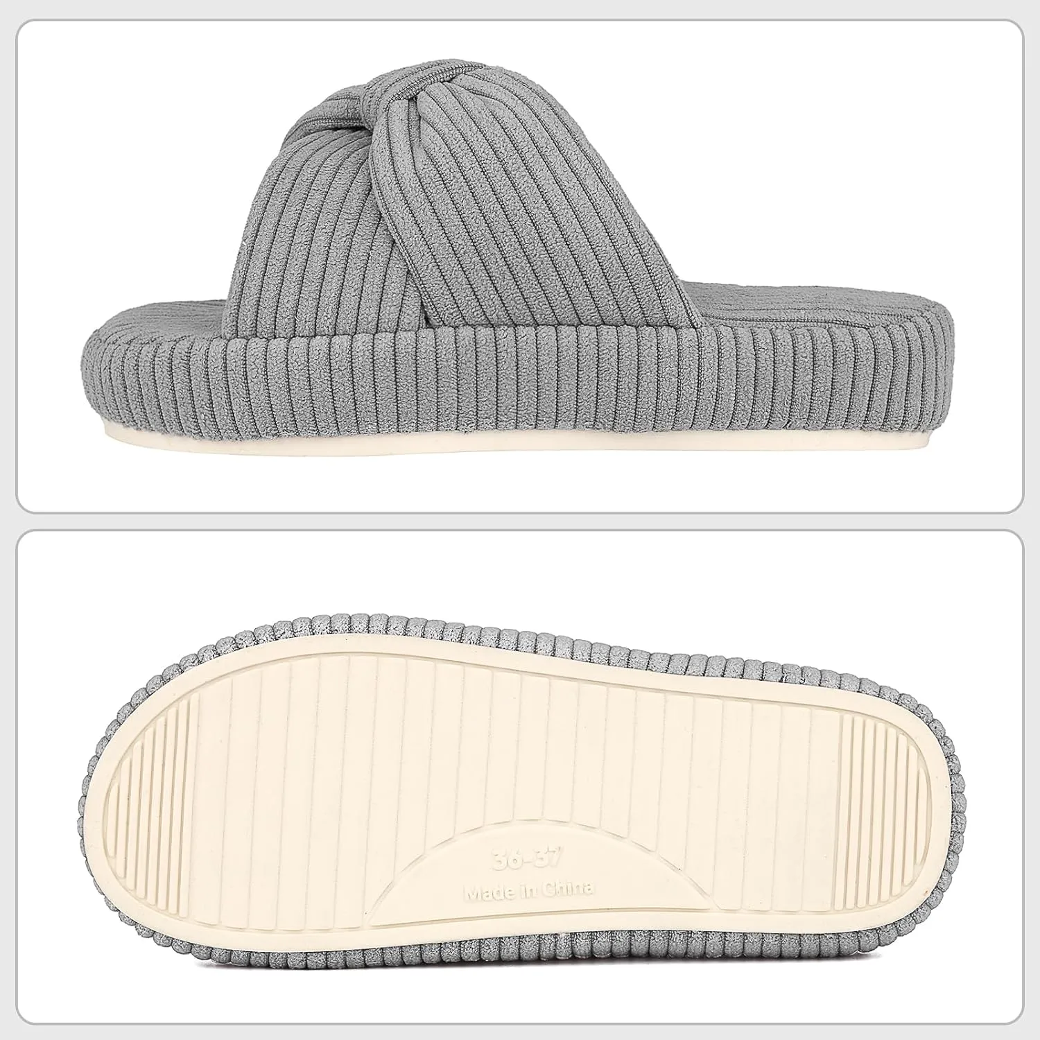 Women's Comfy Memory Foam Corduroy Bow Slip-On Open Toe Bedroom Slides Home Slippers Indoor/Outdoor