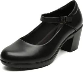 Womens Mary Jane Dress Shoes Chunky Low Block Heels 7CM Closed Toe Work Platform Pumps Dressy Orthopedic for Business Flight Wedding Office Ankle Strap Leather Casual Comfort with Arch Support