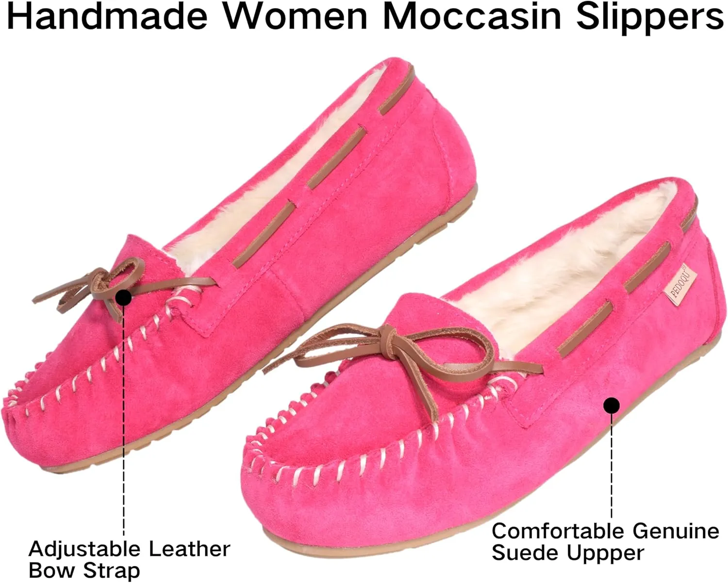 Women's Moccasin Slippers Cow Suede Warm Faux Fur Pile Lined Lace-Up Bow Cozy Indoor & Outdoor Slip On Loafers Shoes for Women