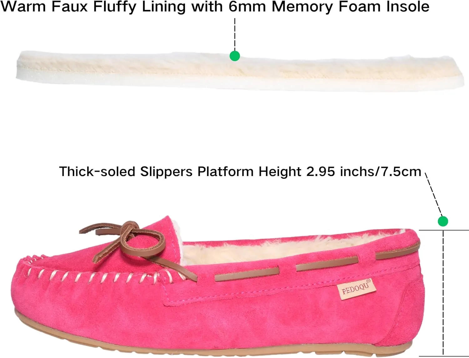 Women's Moccasin Slippers Cow Suede Warm Faux Fur Pile Lined Lace-Up Bow Cozy Indoor & Outdoor Slip On Loafers Shoes for Women