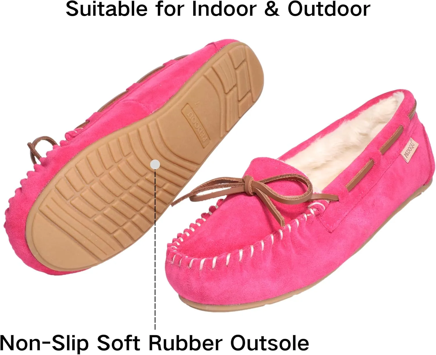 Women's Moccasin Slippers Cow Suede Warm Faux Fur Pile Lined Lace-Up Bow Cozy Indoor & Outdoor Slip On Loafers Shoes for Women