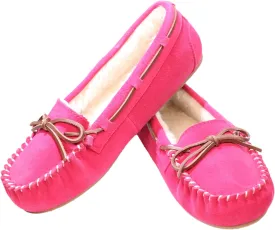 Women's Moccasin Slippers Cow Suede Warm Faux Fur Pile Lined Lace-Up Bow Cozy Indoor & Outdoor Slip On Loafers Shoes for Women