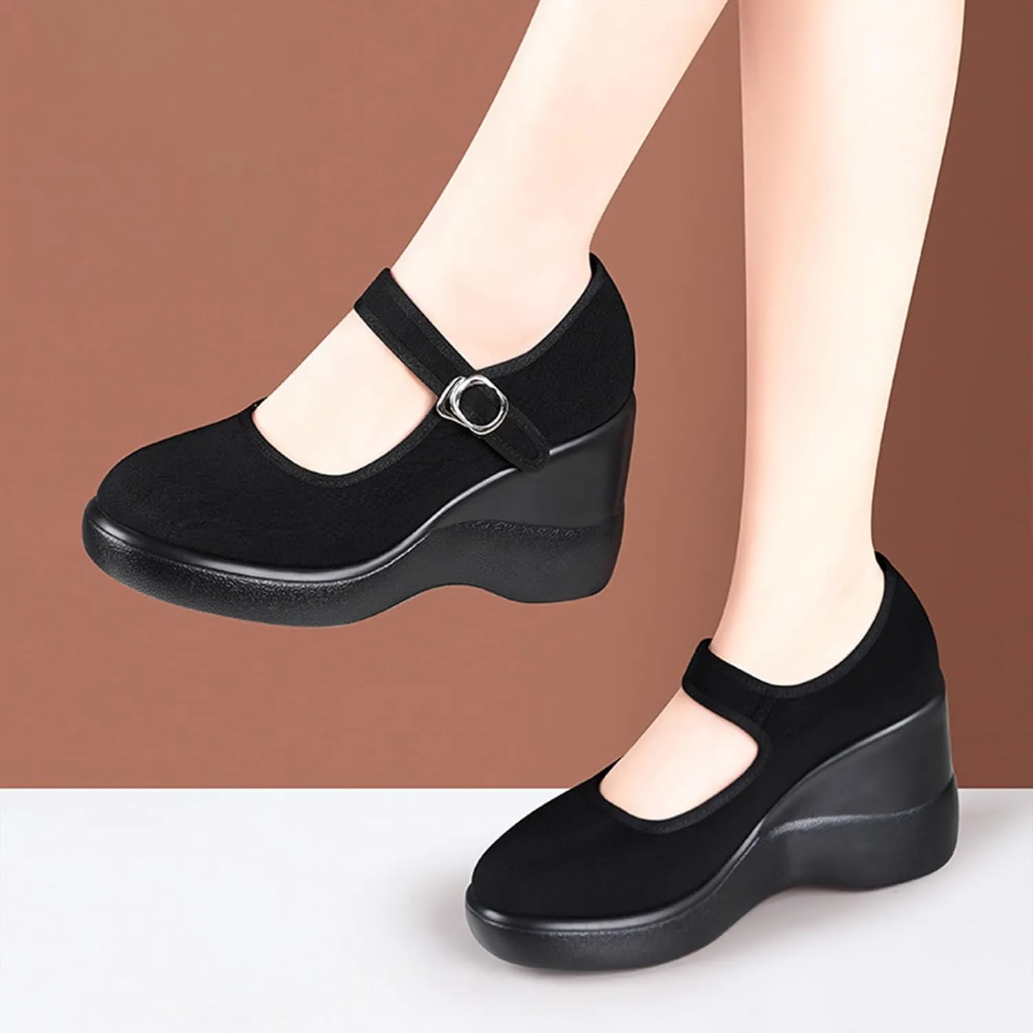 Women's Platform Wedge Height Increasing Mary Jane Shoes with Ankle Strap Comfortable Round Toe Lightweight Orthopedics Walking Shoes Casual High Heel Wedges