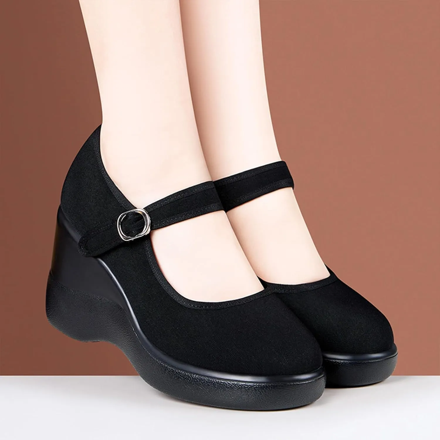 Women's Platform Wedge Height Increasing Mary Jane Shoes with Ankle Strap Comfortable Round Toe Lightweight Orthopedics Walking Shoes Casual High Heel Wedges