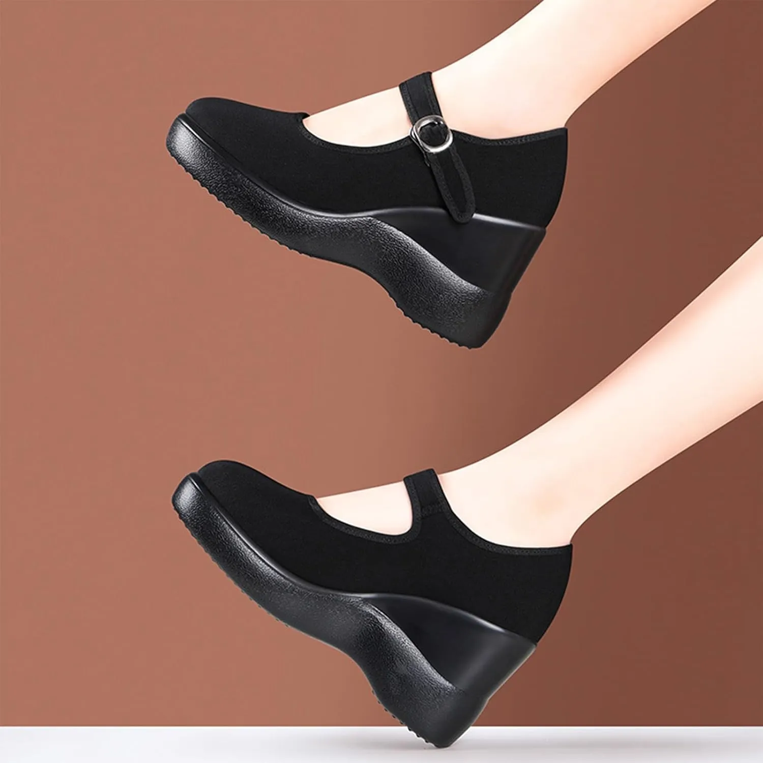 Women's Platform Wedge Height Increasing Mary Jane Shoes with Ankle Strap Comfortable Round Toe Lightweight Orthopedics Walking Shoes Casual High Heel Wedges