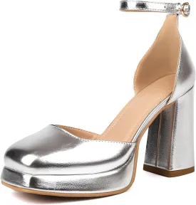 XIEDA Women's Closed Toe Platform Chunky High Block Satin Heels 4 Inch Ankle Strap Party Prom Dress Pumps