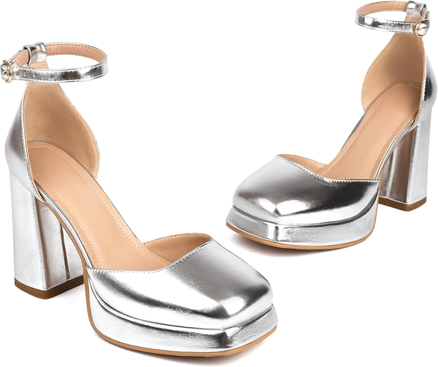 XIEDA Women's Closed Toe Platform Chunky High Block Satin Heels 4 Inch Ankle Strap Party Prom Dress Pumps